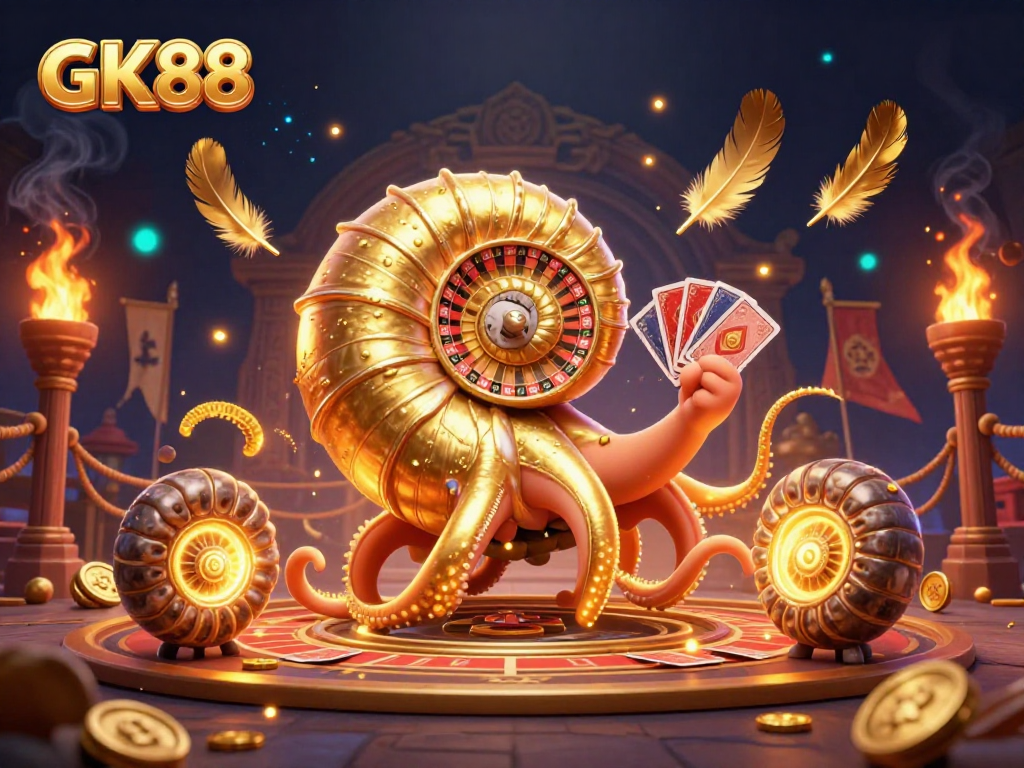 Engage with GK88's thrilling experience featuring a giant nautilus roulette wheel in a vibrant casino setting.