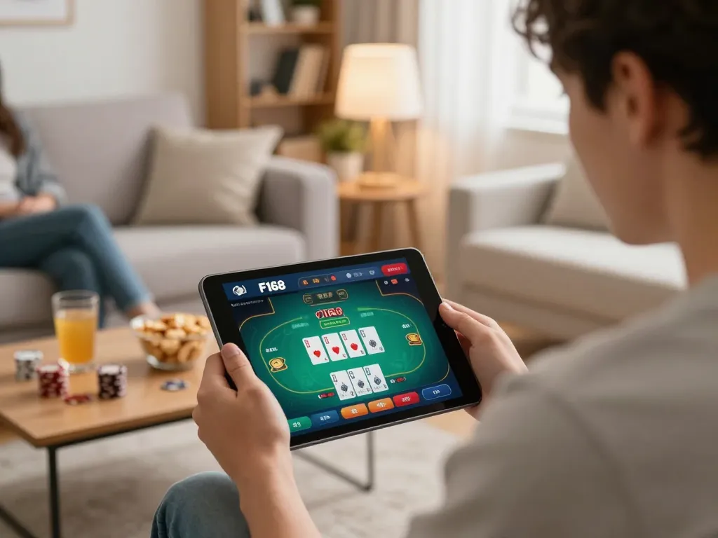 Player accessing F168 online casino app on tablet in a cozy home setting.