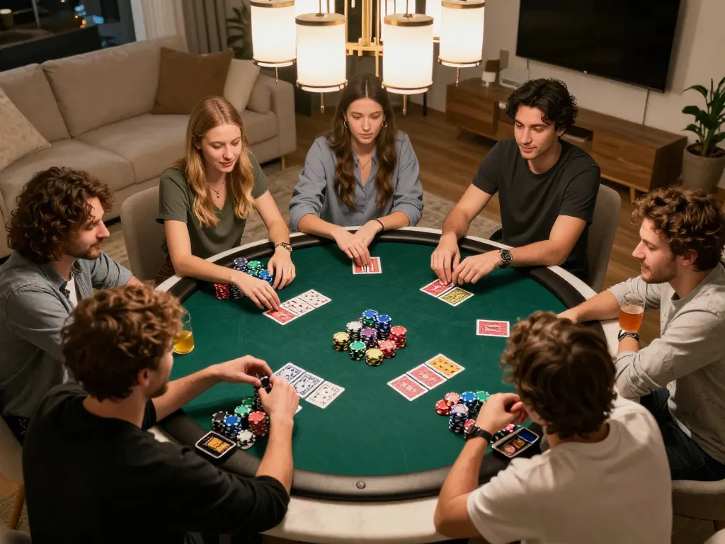 Friends enjoying a competitive poker game at home while playing on the xx88 platform, showcasing camaraderie and strategy