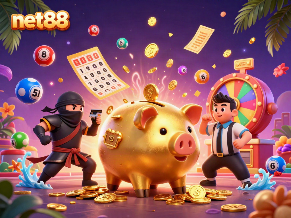 Engaging net88 online casino illustration featuring dynamic characters and vibrant gambling elements.