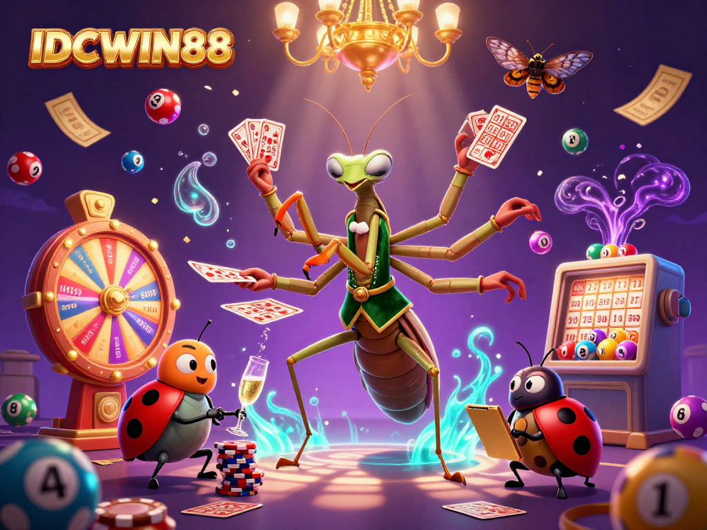 Experience winning fun with IDCWIN88 through vibrant gameplay elements in 3D casino illustration.