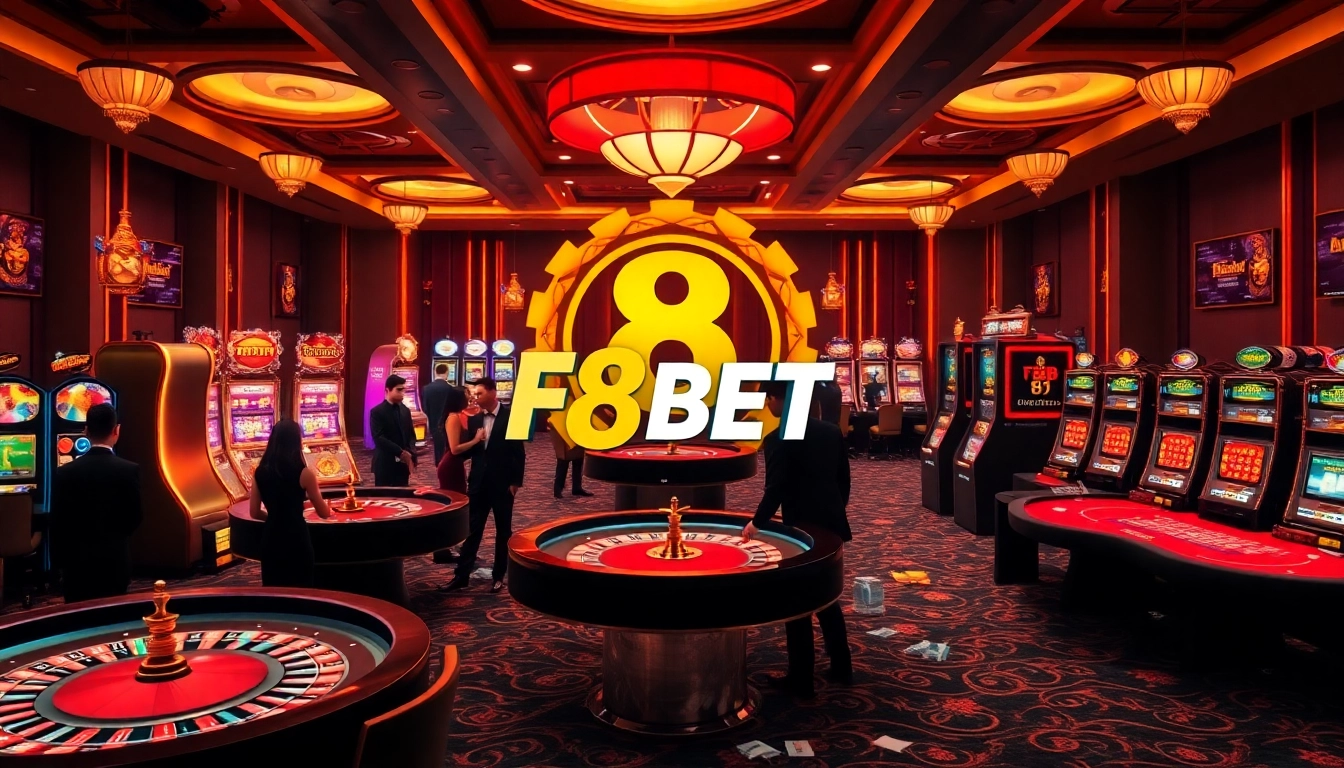 Experience the thrill of winning at the bustling F8BET casino, featuring vibrant tables and slot machines.