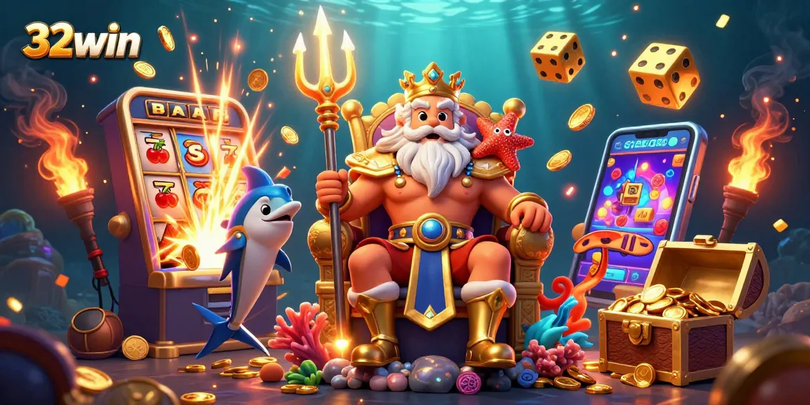 Spin the reels at 32win for a chance at big jackpots surrounded by Neptune and friends!
