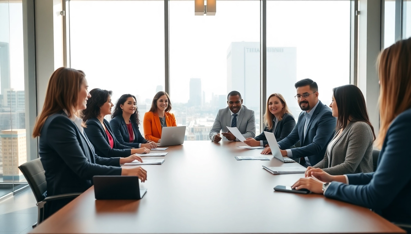 Engaged team discussing Federal and State contracts in a bright office environment