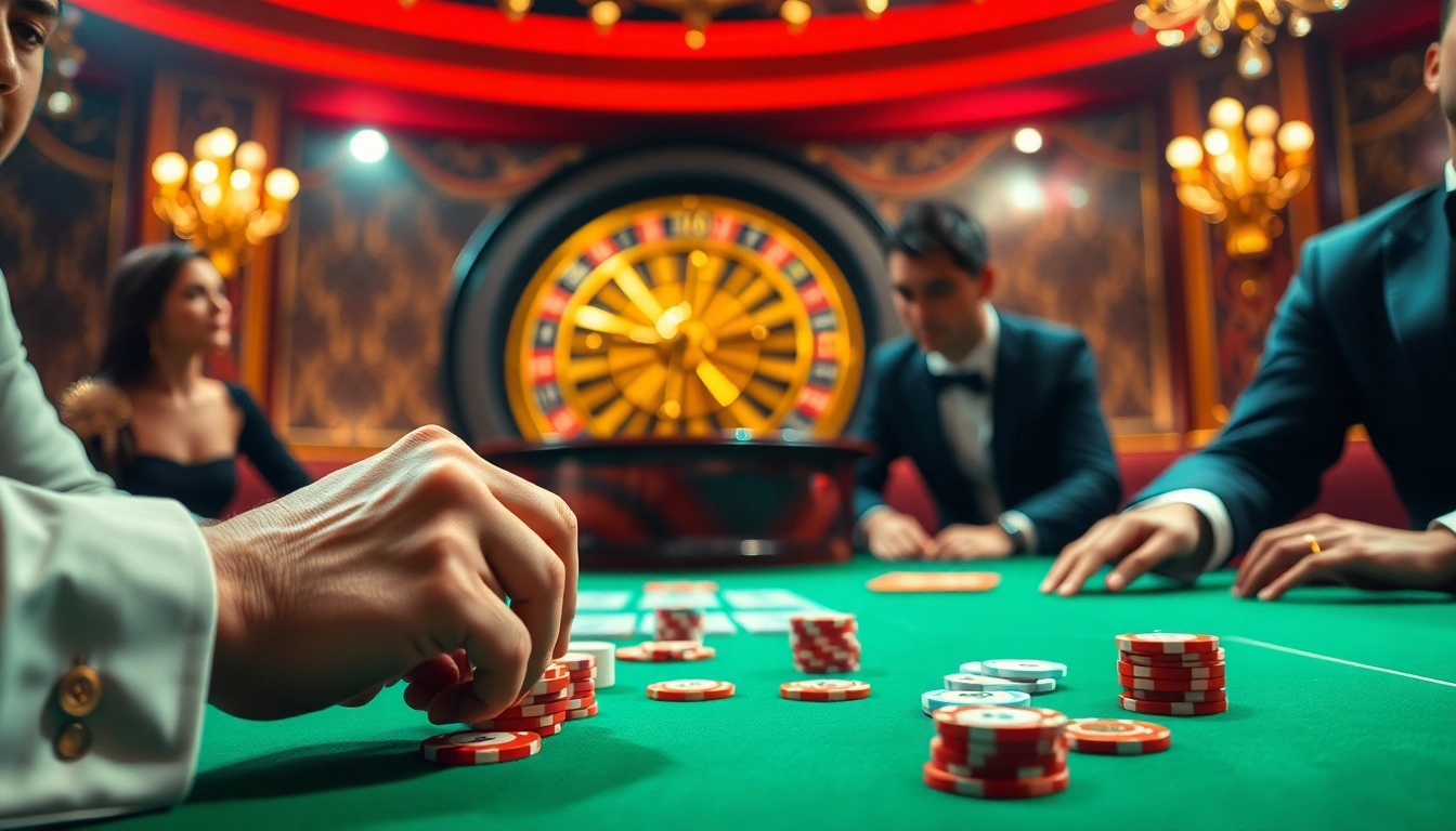 Players enjoy an exciting game at 789win's luxurious casino, betting at poker tables and roulette wheels.