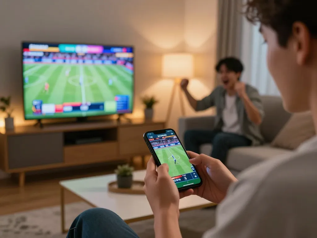 Engaging in sports betting on a smartphone with tylekeo in a vibrant home setting.
