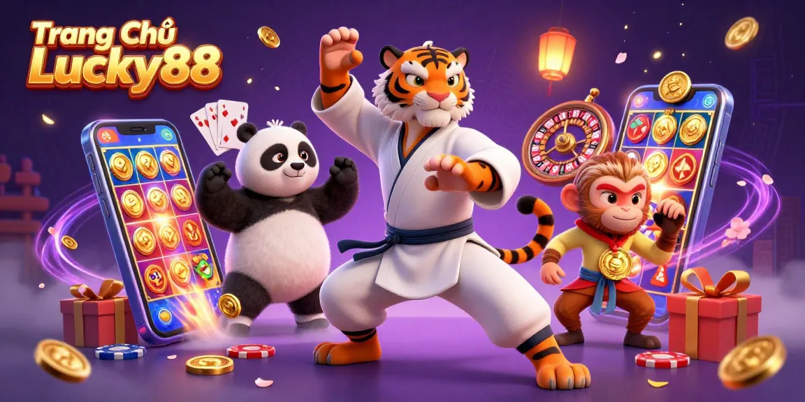Engage in thrilling gaming at Trang Chủ Lucky88 with a vibrant depiction of a kung fu tiger, panda, and monkey amid colorful casino elements.