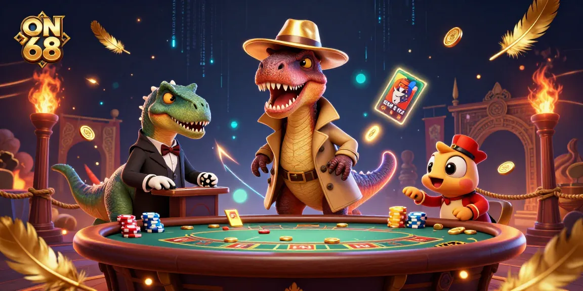 Experience thrilling bets at ON 68 Casino with cartoon velociraptor at a blackjack table.