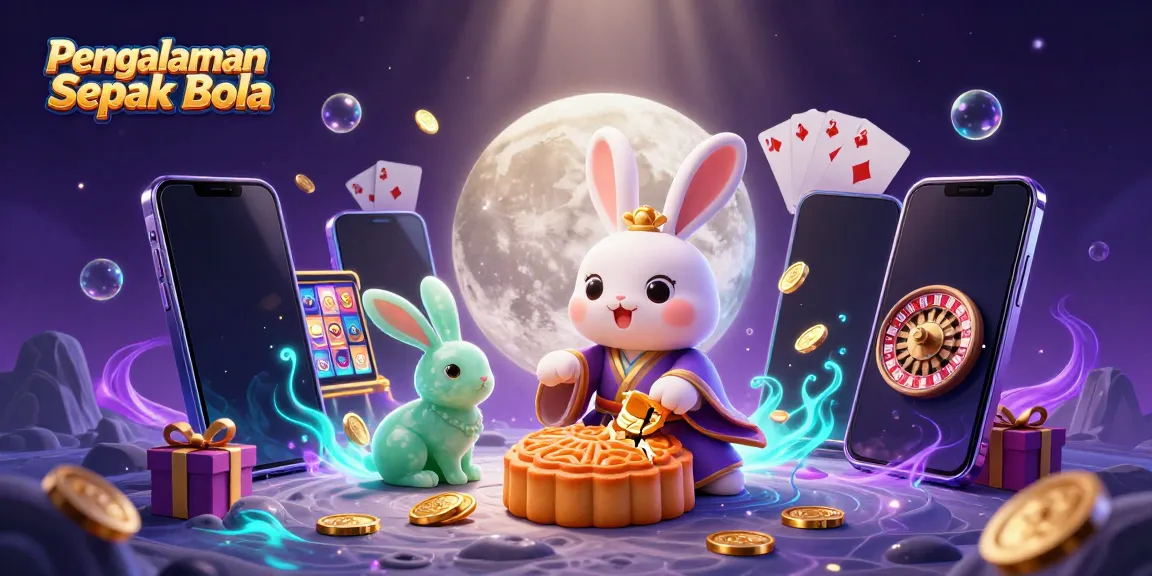 Engaging illustration showcasing the Pengalaman Sepak Bola with moon rabbits and casino elements like poker chips and slot games.