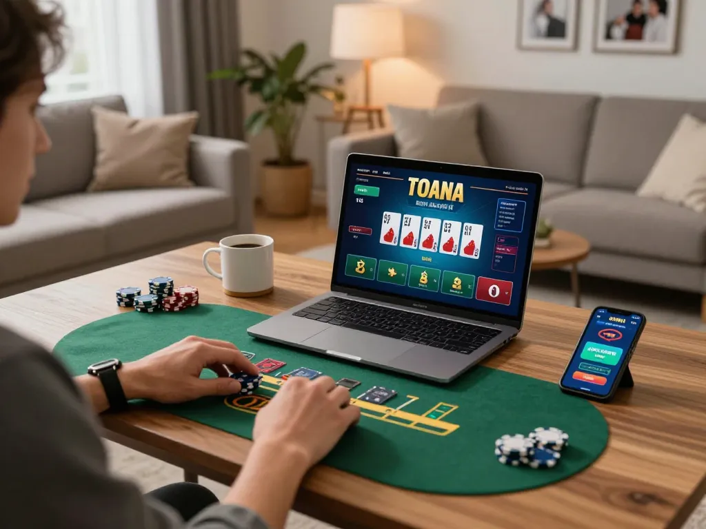Player enjoying online blackjack on laptop in cozy home setting, showcasing j88 gaming strategy.