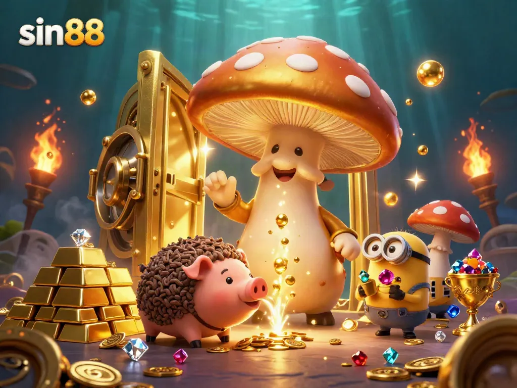 Experience the magic of sin88 with golden treasures and vibrant characters in an enchanting casino scene.
