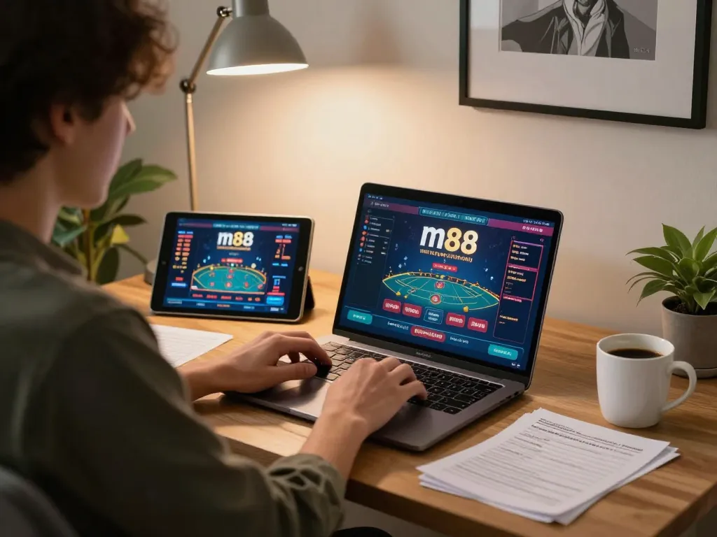 การเล่นเกมออนไลน์ที่น่าดึงดูดกับ เว็บพนันออนไลน์ m88 จากสำนักงานที่บ้านอันแสนสบาย แสดงให้เห็นถึงบุคคลที่ดื่มด่ำอยู่ในกลยุทธ์