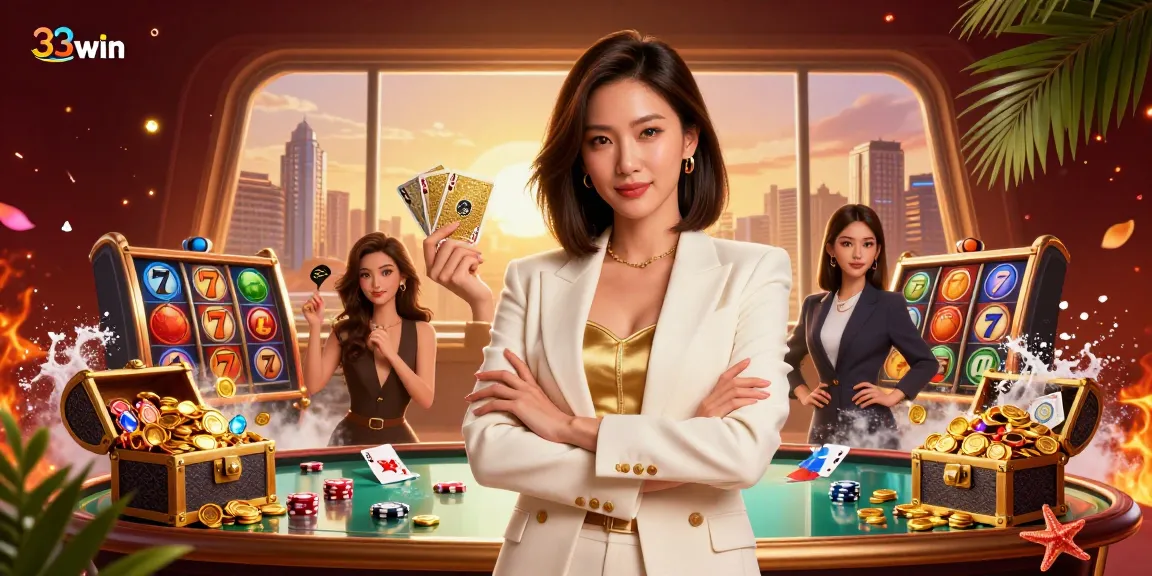 Experience the excitement of 33win with glamorous casino scenes and dynamic gaming elements.