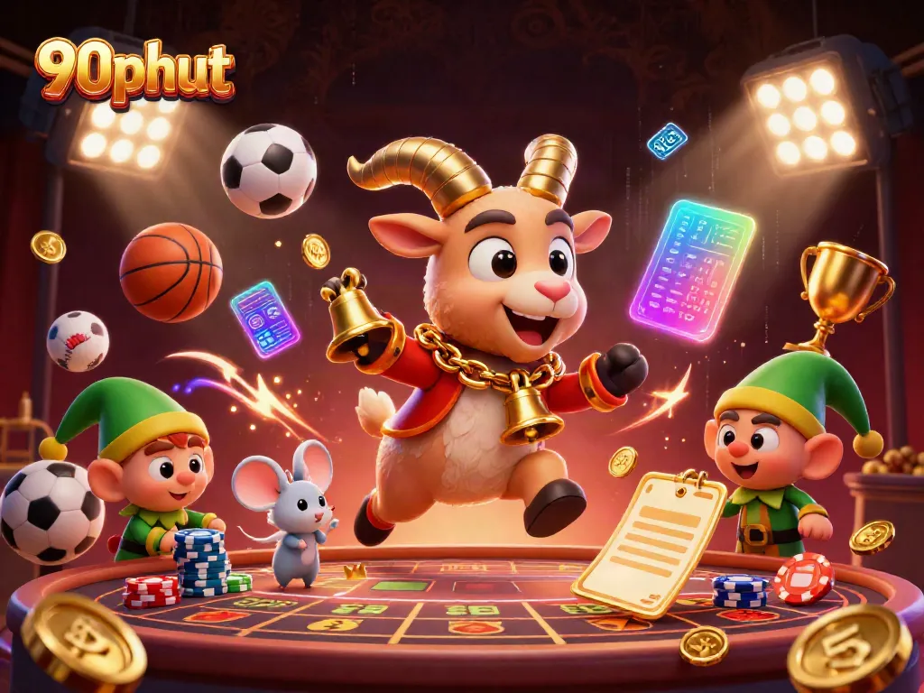 Watch 90phut's dynamic casino scene featuring cartoon characters and sports elements.