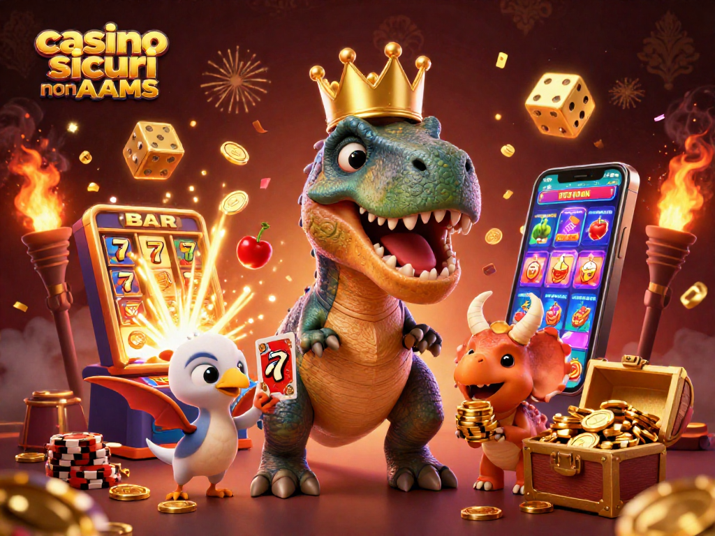 Divertente scena di T-Rex che gioca a carte e chip d'oro in un casinò sicuro non AAMS.