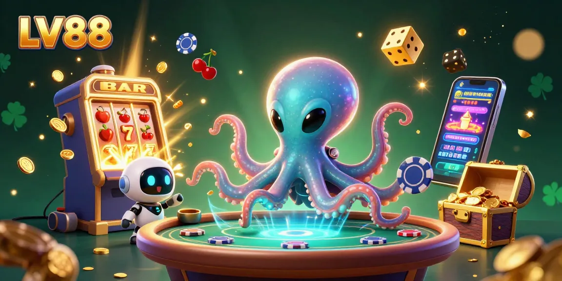 Experience LV88 with an alien octopus at a holographic poker table surrounded by dynamic casino elements.