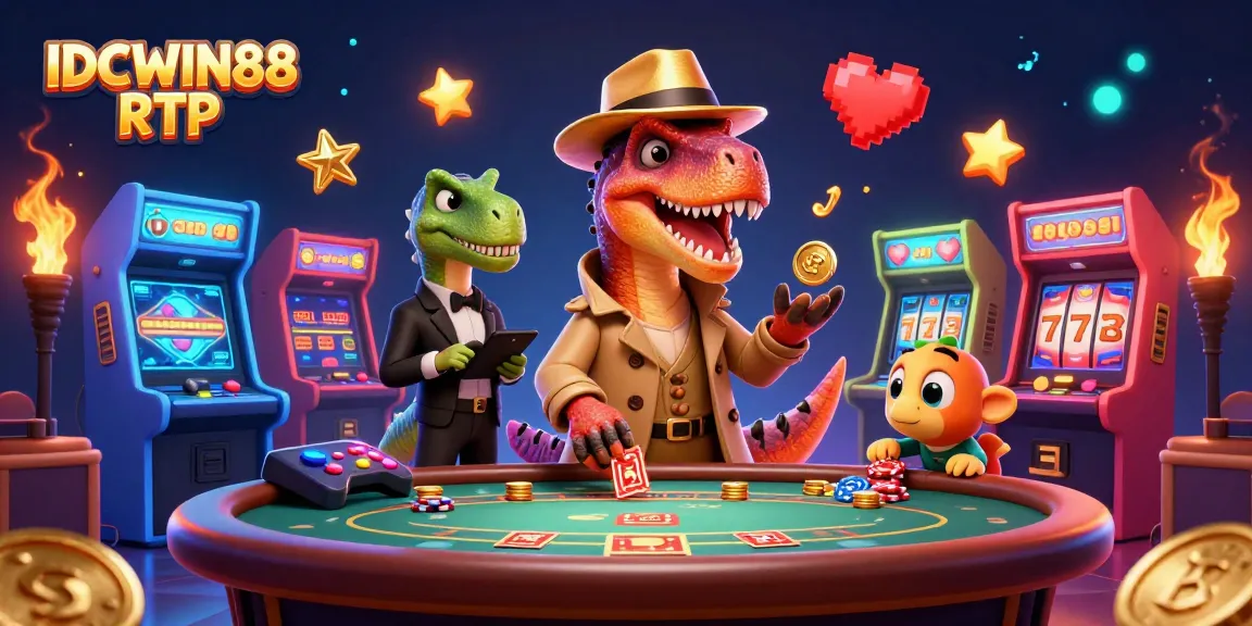 Experience the dynamic gameplay of IDCWIN88 RTP with a cartoon animated scene featuring unique characters and vibrant casino elements.