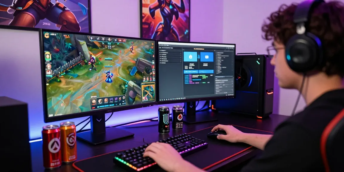 Competitive gamer utilizing Overwatch 2 cheats, focused on dual monitors displaying gameplay and team chat, vibrant gaming atmosphere.