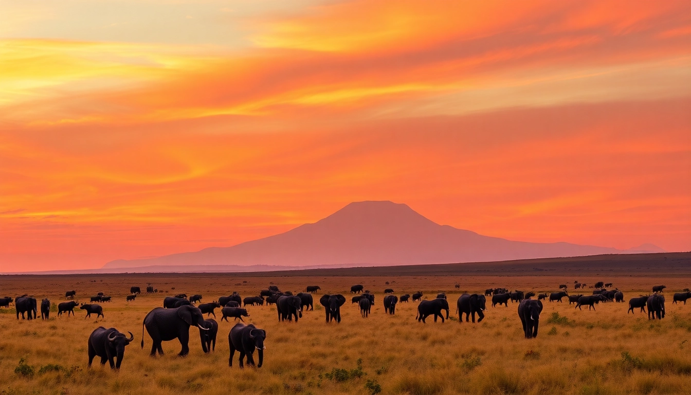 Experience breathtaking Tanzania safaris with wild elephants in the savannah at sunset.