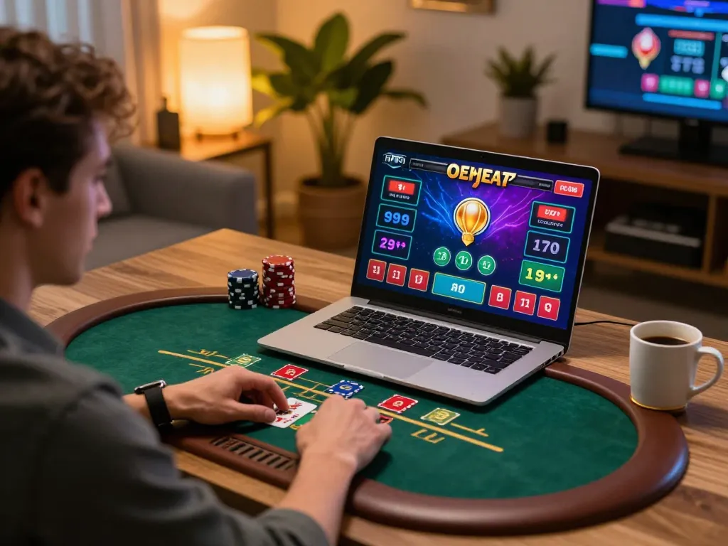 Người chơi đắm chìm trong trò chơi blackjack với nhà cái trực tiếp thú vị trên 12bet trong một văn phòng làm việc ấm cúng.