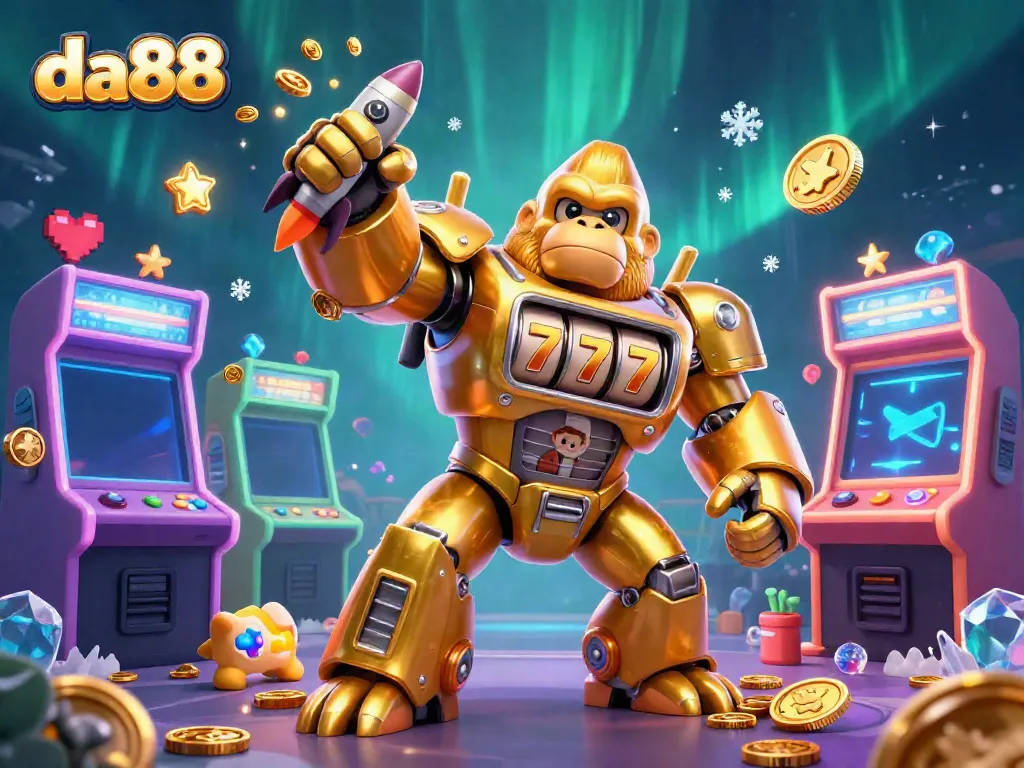 Experience the thrill of da88 with a golden gorilla mech slot machine blasting coins in a vibrant casino world.