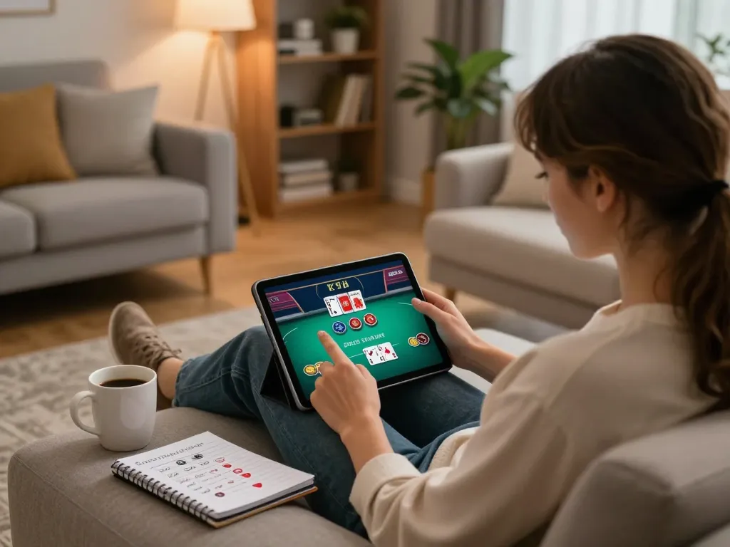 Player engaging in online poker on LC88 tablet in a cozy home setting, showcasing strategic gaming.