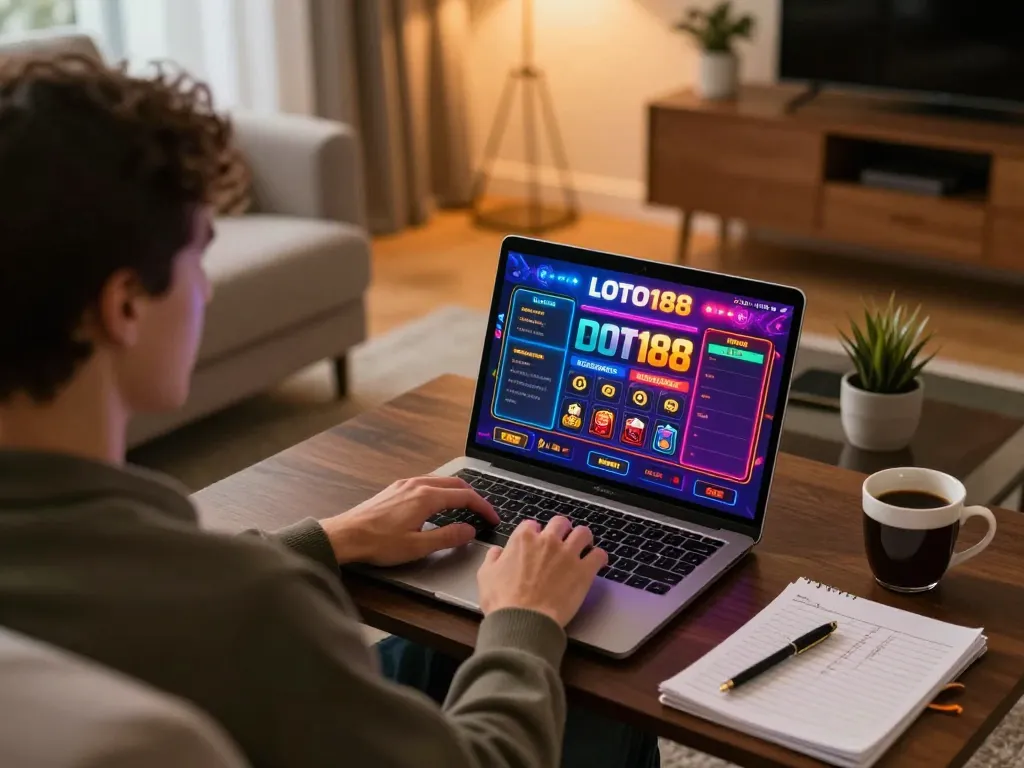 Engaging with online gambling on LOTO188 SO from a cozy home setup, showcasing a relaxed betting experience.