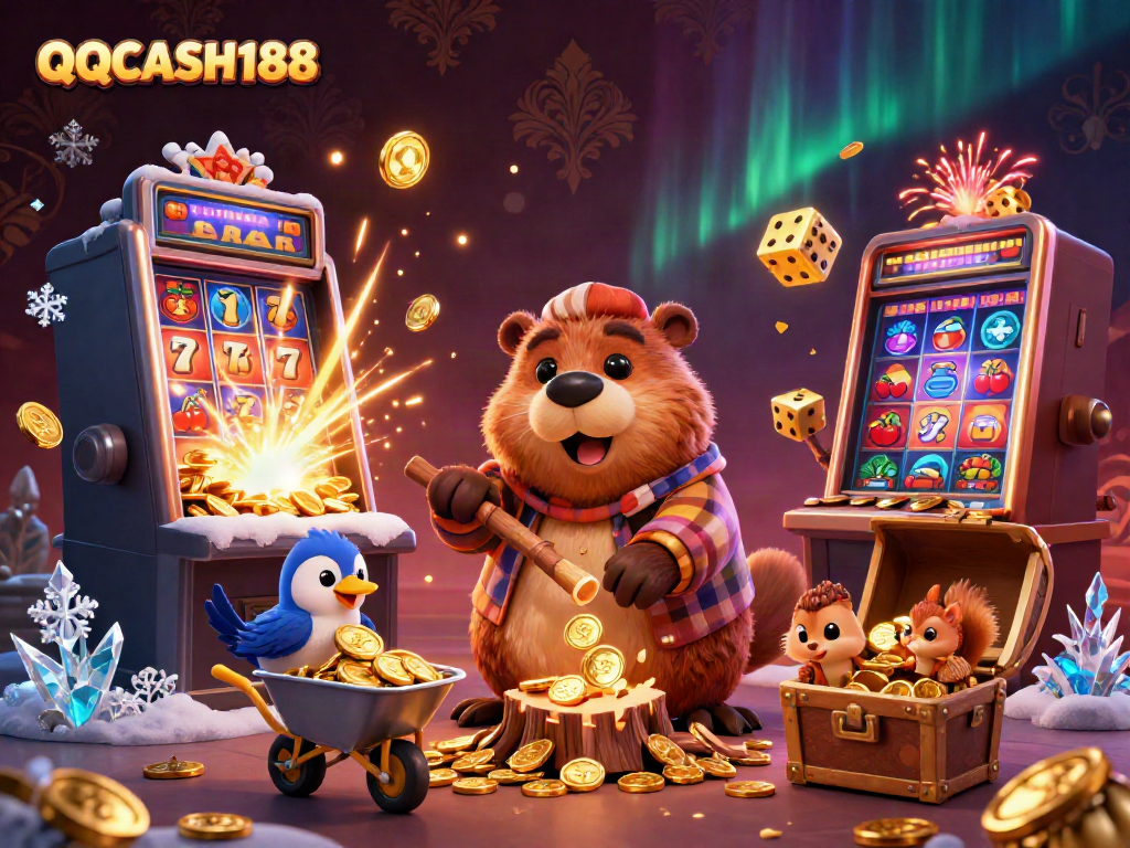 Experience thrilling gameplay with QQCASH188’s captivating casino scene featuring vibrant cartoon characters.