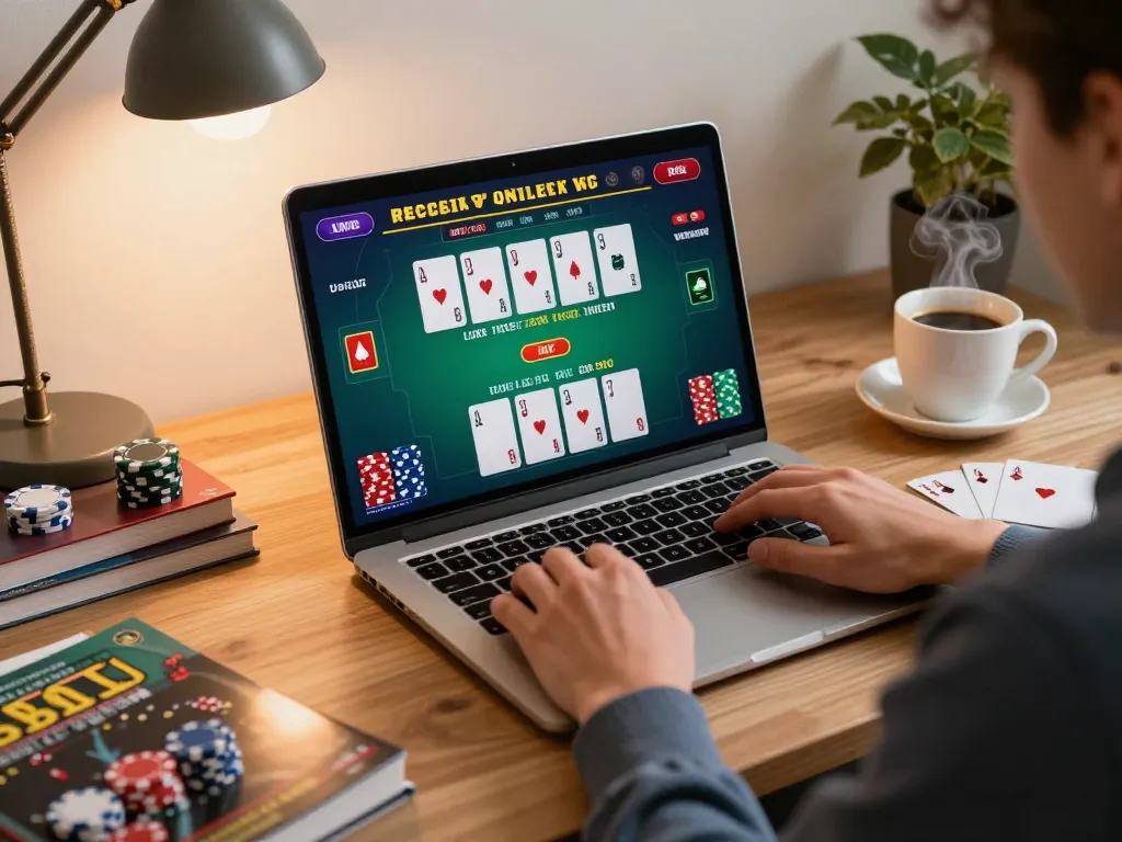 Engaging in online blackjack at home, exploring cwin gaming strategies with a laptop.