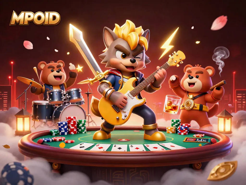 MPOID gaming scene featuring a rock star wolf playing a golden guitar amidst poker elements and vibrant colors.