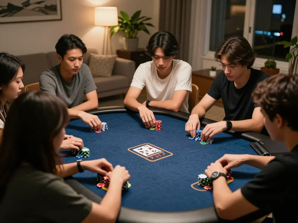 TG88 players engaged in strategic online poker at home, showcasing excitement and social interaction