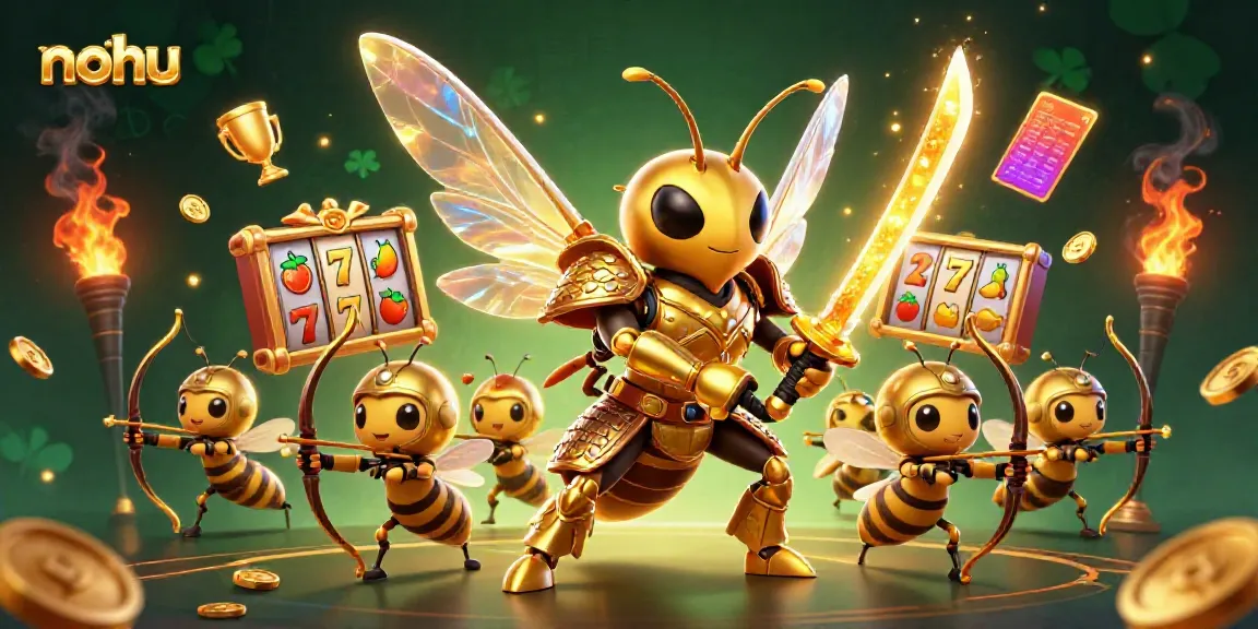 NoHu casino themed illustration featuring a golden hornet samurai amidst vibrant slots and betting elements.