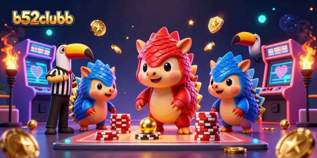 b52clubb pangolins bowling through poker chips in a vibrant casino-themed scene