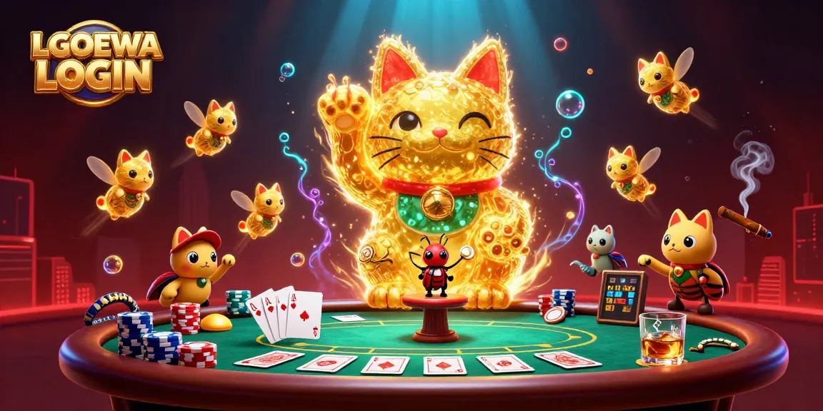 Engage with the vibrant LGODEWA LOGIN scene featuring a lucky cat made of golden fireflies amidst poker action.