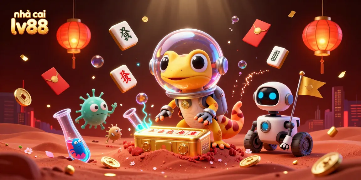 Engage with nhà cái lv88 at an exciting 3D casino scene featuring a quirky Martian gecko and robotic sidekick.