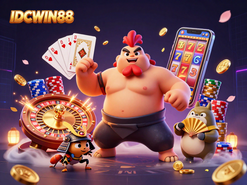 Engage in exciting gaming with IDCWIN88 featuring dynamic 3D characters and vibrant casino elements.