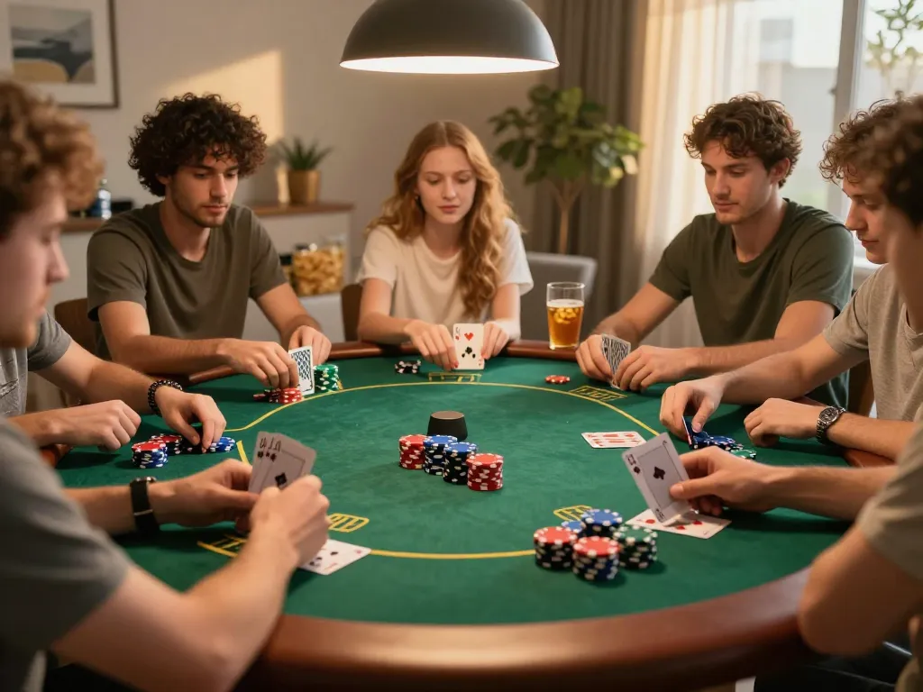Friends enjoying a lively poker game night at home using 88betcom for betting strategies.