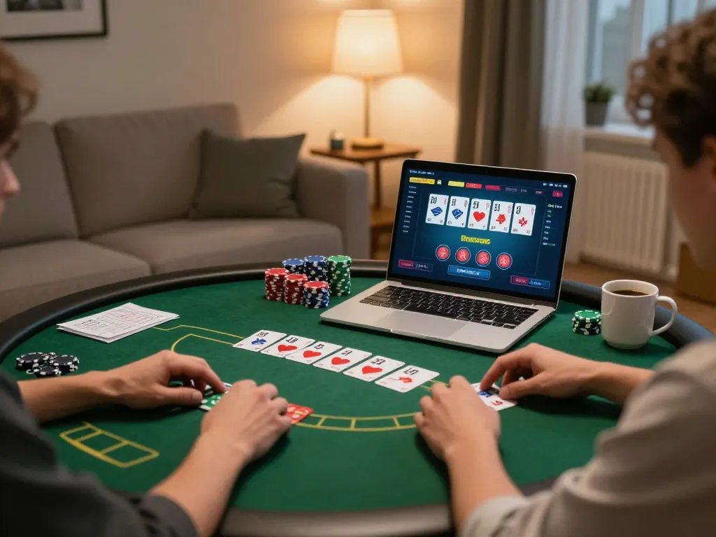 Engaged player navigating luck8's online poker game on a stylish home laptop setup.