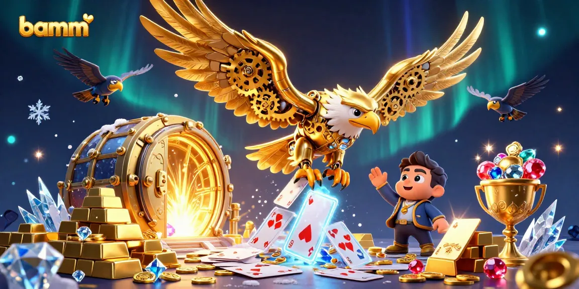 Experience thrilling gameplay at bamm with a golden eagle soaring through holographic cards amid wealth and gemstones.