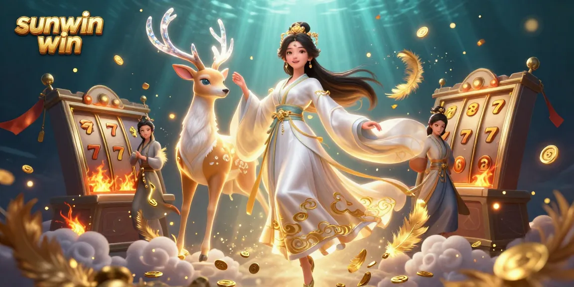 Experience exciting gameplay with sunwin win, featuring vibrant 3D art of a floating woman and slot reels.