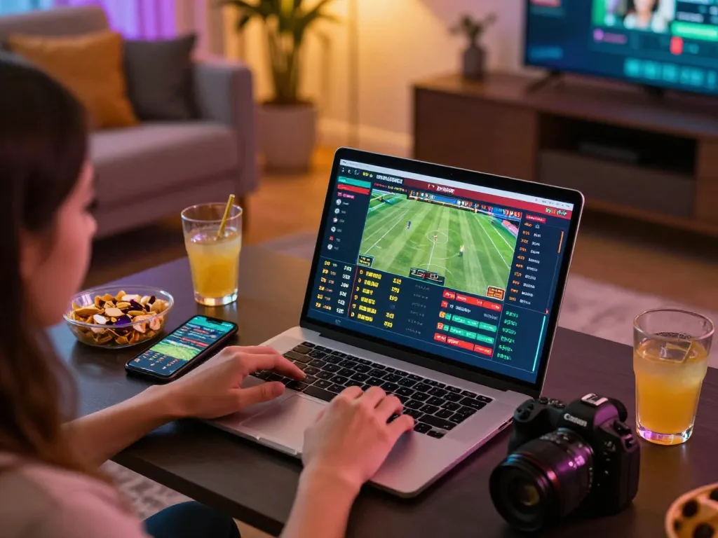 Engaging sports betting scene at nhà cái gk88 with player analyzing live odds on laptop and smartphone