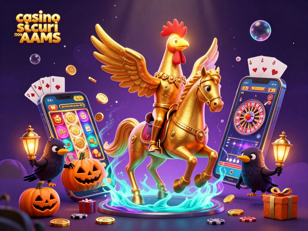 I giochi nei casino sicuri non AAMS mostrano un gallo dorato cavalcando un cavallo spettrale, circondato da elementi di gioco di alta qualità.