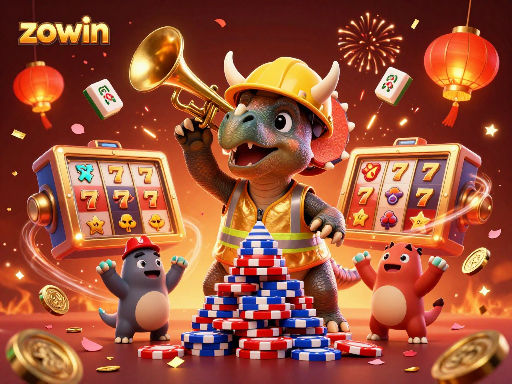 Celebrate your wins at zowin casino with a lively illustration of dinosaurs and casino elements.