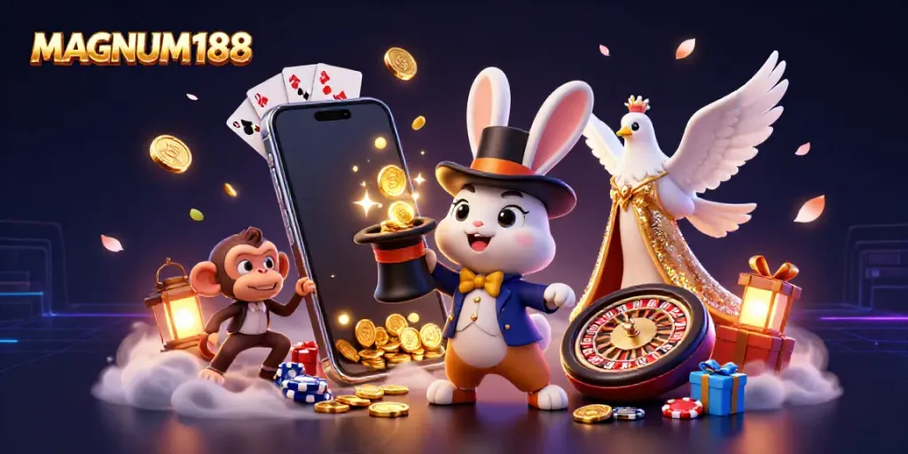 Experience MAGNUM188 with a vibrant rabbit magician, dove assistant, and poker chips as golden coins cascade.