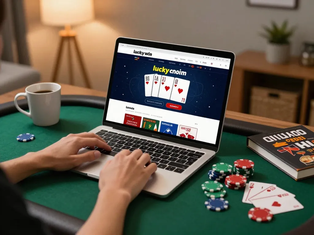 Engaging with luckywin com at home with poker gameplay on a laptop, chips, and strategy notes.
