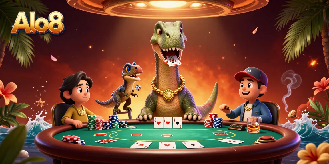 Alo8 offers a vibrant poker scene where a giant brontosaurus reigns over a colorful casino table, creating an engaging atmosphere.