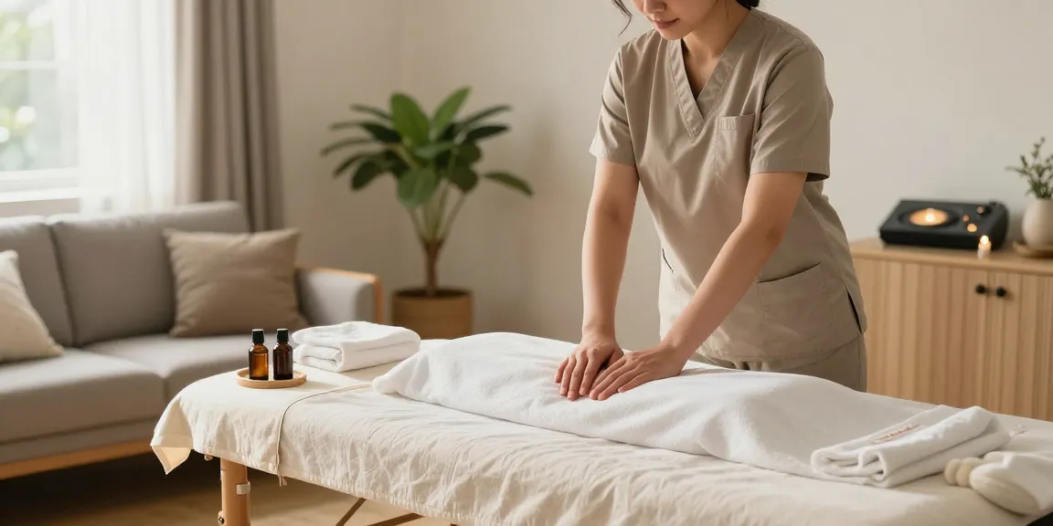 Experience premium 인천출장마사지 in a tranquil home setting with a professional therapist preparing the space.