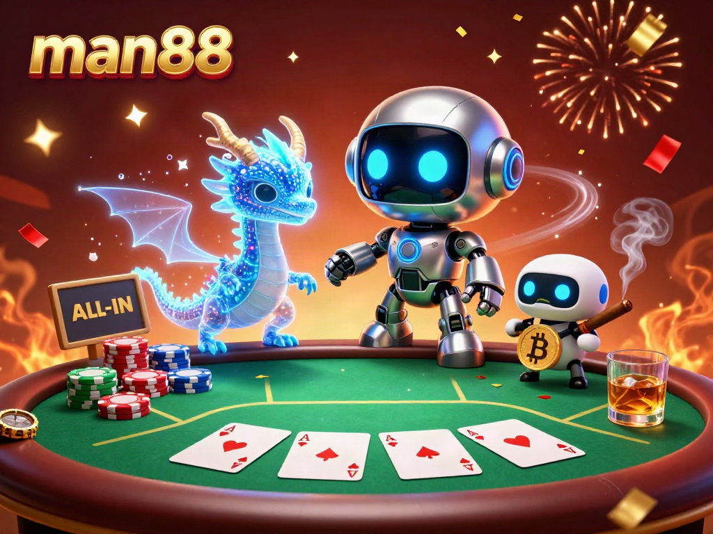 Experience thrilling gameplay with man88 as a neon cyberpunk robot mascot and digital dragon at an intense poker scene.