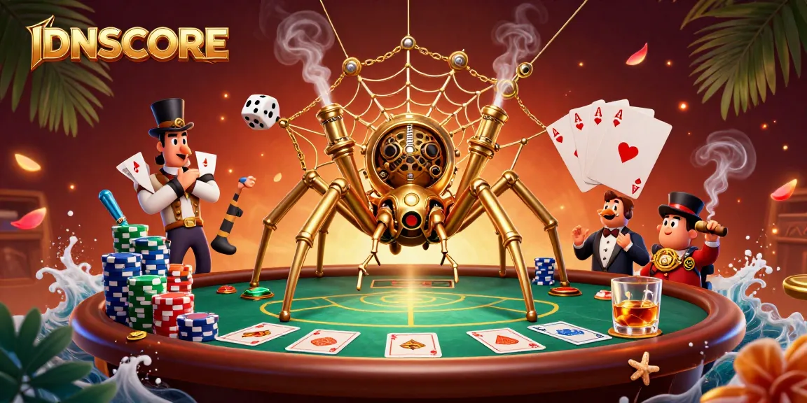 Experience IDNSCORE with a vibrant steampunk-themed poker scene featuring unique characters and lavish casino elements.