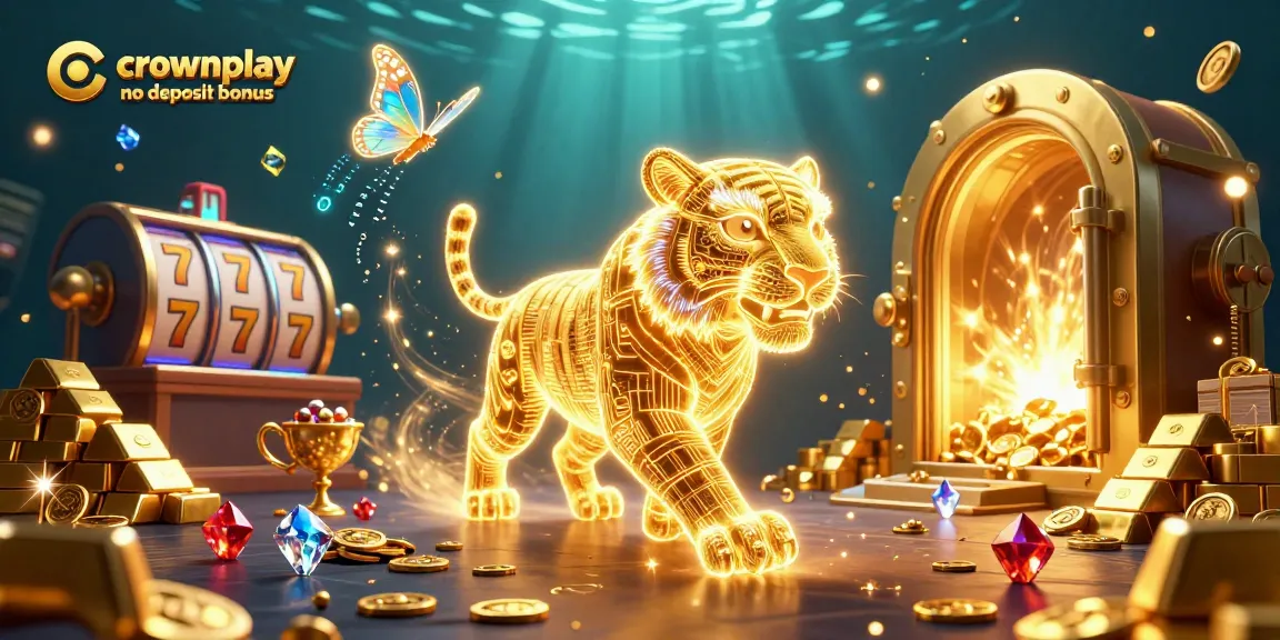 Crownplay no deposit bonus scene featuring a golden tiger and casino elements like slot reels and treasures.